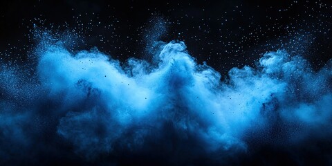 Fototapete - Bright blue smoke billows against a dark background creating a vibrant atmosphere at night