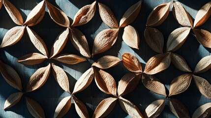 Poster - Geometric arrangement of betel nut slices artistic display still life natural light top view culinary art