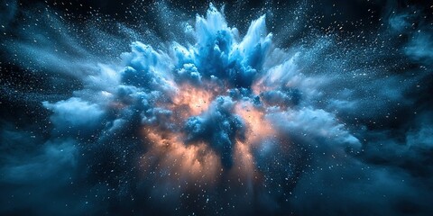 Poster - Vibrant explosion of blue and orange clouds illuminated against a dark background creates a stunning visual spectacle