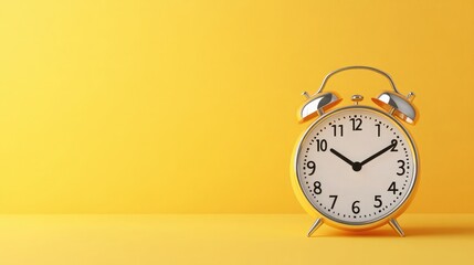 White vintage ringing alarm clock on bright yellow background