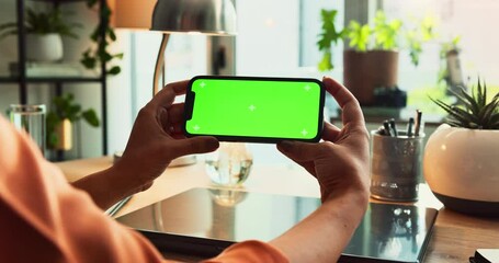 Poster - Woman, phone and hands with green screen, office and website with tech and mobile app. Networking, tracking markers and mockup space with social media, notification and streaming on job break