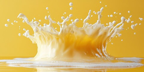 Poster - Milk splash creates dynamic patterns against a vibrant yellow background during bright daylight