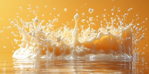 Poster - Splashing milk creates dynamic visual effects against a vibrant orange background during bright daylight