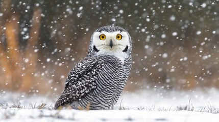 Wall Mural - Snowy owl staring during a snowfall in winter