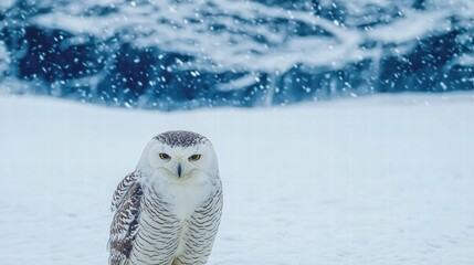 Wall Mural - Snowy owl staring during a snowfall in winter