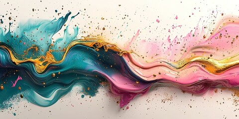 Poster - Colorful abstract swirl of blue, pink, and gold paint creating a vivid artistic expression on a white surface