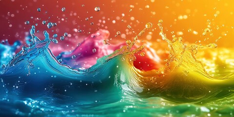 Poster - Colorful water splashes creating vibrant waves on a serene background at sunset