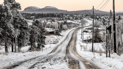 Canvas Print - Snowy rural road winding through a frosty winter landscape.