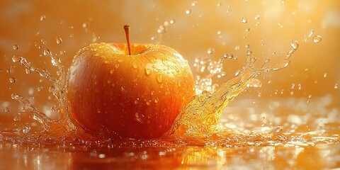 Poster - Vibrant orange apple splashes in water creating droplets during golden hour light