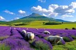 © Sanchai - A vibrant rural landscape featuring ewes grazing near rows of blooming lavender fields