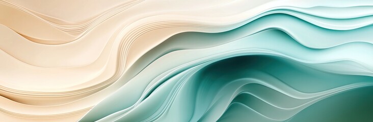 Poster - Abstract background with swirling liquid paint, soft pastel colors of teal green, cream beige, and white. The fluid lines. tranquility and luxury, backgrounds, web designs, posters, prints, packaging