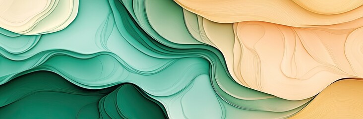 Poster - Abstract background with swirling liquid paint, soft pastel colors of teal green, cream beige, and white. The fluid lines. tranquility and luxury, backgrounds, web designs, posters, prints, packaging