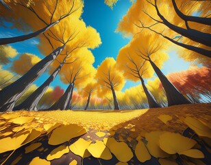 gingko trees and gingko leaves on the floor in the forest with blue sky