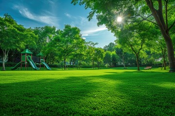 Grass Playground. Park Meadow with Green Lawn and Trees in Natural Environment