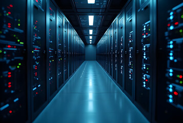 Wall Mural - data centers filled with rows and rows of servers as blinking light indicate constant processing, hi