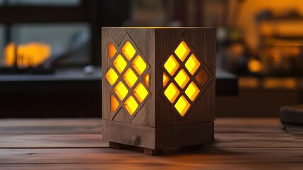 Wall Mural - Illuminated wooden cube lamp with geometric cutouts on a wooden surface.