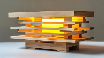 Wall Mural - Illuminated wooden block sculptural lamp.