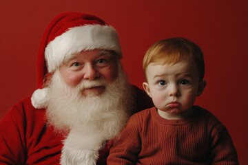 Wall Mural - Isolated white toddler boy in santaâ€™s knee on red background. Cheerful festive season, gorgeous toddler boy! copy space. Santa lap photo idea. Santa kid photo. Santa christmas portrait desig.