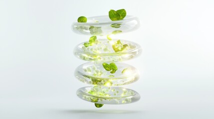 Poster - Suspended microcapsules with green elements artistic display abstract environment close-up view science concept