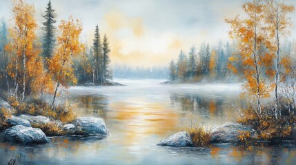 Panoramic Finnish landscape at dawn, forest lake glimmering with golden sunlight, frosted ground, and mist rolling over the water.
