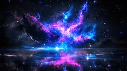 Poster - A vibrant cosmic scene with colorful nebulae reflecting on a tranquil surface.