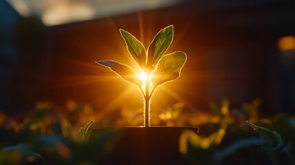 Canvas Print - Sunrise illuminates a young sprout.