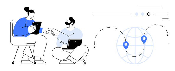 Two colleagues using tablet and laptop while discussing ideas. Globes, location markers, and connection lines indicating global reach. Ideal for remote work, technology, digital communication, global