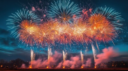 Aufkleber - A vibrant display of fireworks illuminating the night sky, creating a festive atmosphere.