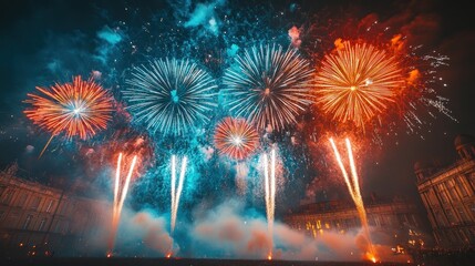 Aufkleber - A vibrant display of fireworks lighting up the night sky in a celebratory atmosphere.