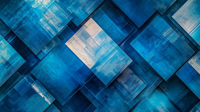 Abstract painted background of many squares in blue and white tones. Mosaic pattern of geometric shapes, modern minimalist wallpaper design. Blue background, banner