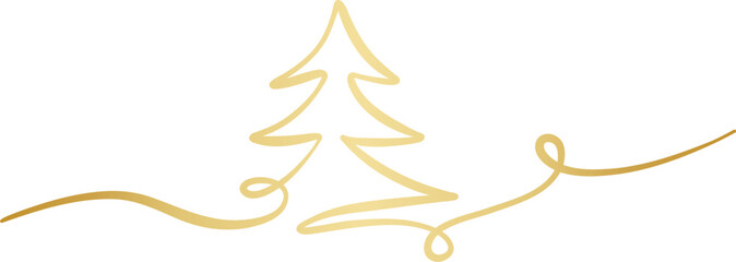 Poster - Christmas tree vector linear illustration, single line ribbon flourish banner, festive holiday clip art illustrated