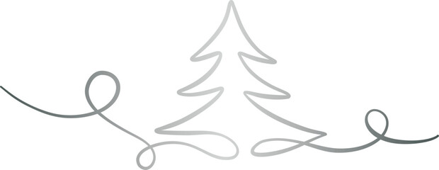 Poster - Silver Christmas tree ribbon swirl, pine illustration line art flourish, elegant decorative festive holiday clip art banner design isolated