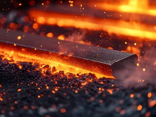 Poster - Close-Up of Hot Steel Bar Surrounded by Glowing Embers in a Forging Workshop, Capturing the Intense Heat, Sparkles, and Dramatic Texture of Blacksmithing Process