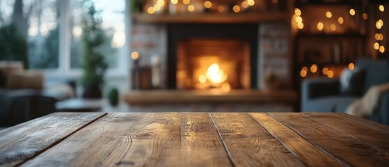 Wall Mural - Rustic wooden table in cozy living room with fireplace.