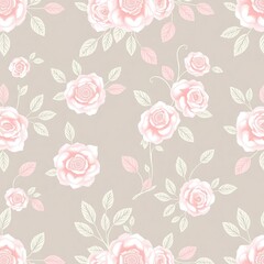  Romantic Floral Pattern: Delicate pink roses and leaves, woven seamlessly on a soft beige background, create a charming and elegant repeating pattern.