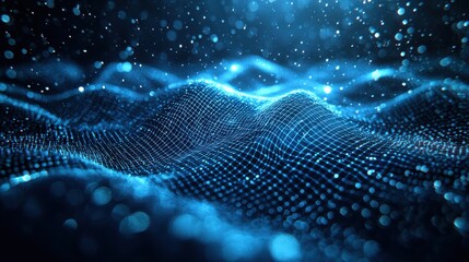 Poster - Dynamic blue holographic grid waves virtual space digital art futuristic environment abstract perspective