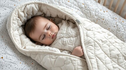 Poster - Baby comfortably sleeping in a soft, cozy sleeping bag in a crib. 