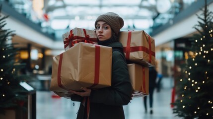 Wall Mural - a woman carrying two large boxes in a mall