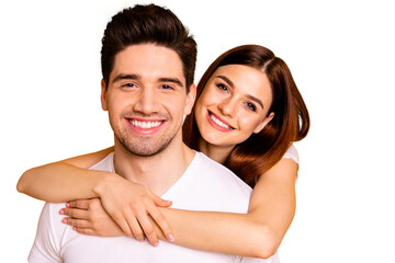 close-up portrait of his he her she two nice lovely charming attractive cheerful positive people cud