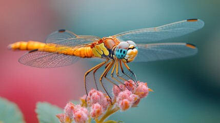 Poster - A vibrant orange dragonfly perched on pink flowers against a blurred background.