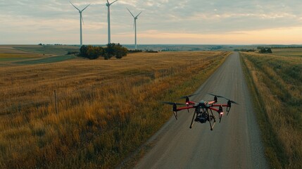 Poster - Industrial drone inspecting wind turbines in open fields aerial clear sky innovative technology