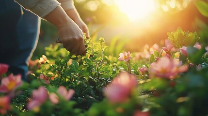 Canvas Print - Person tending to vibrant pink flowers in a garden at sunset.