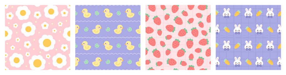 simple kids seamless patterns. cute repeated elements, kawaii childish objects, funny ducklings, bun