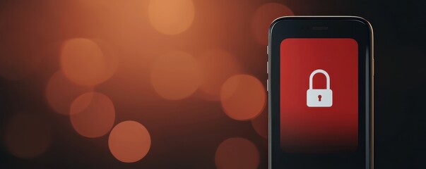 Poster - A smartphone displays a red lock icon on its screen, set against a blurred, warm background, symbolizing security and privacy.