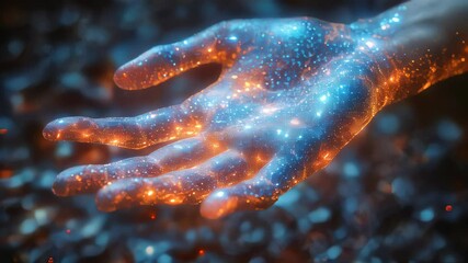 Poster - A glowing hand illuminated with orange and blue lights, symbolizing futuristic technology and energy