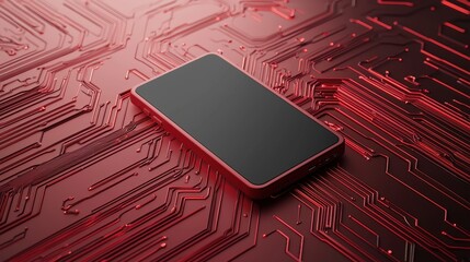 Poster - A sleek smartphone rests on a vibrant red circuit board, showcasing a modern tech design with intricate details.