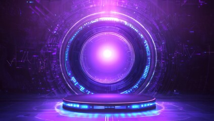 Futuristic Purple Stage with Glowing Circular Technology