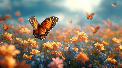 Poster - A vibrant scene of butterflies fluttering among colorful flowers in a serene landscape.