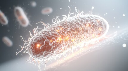 Poster - Dynamic stylized bacteria cell with elongated body scientific visualization microbial environment close-up view cellular structure