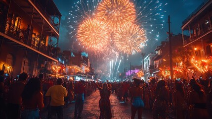Aufkleber - A vibrant street celebration with fireworks illuminating the night sky.